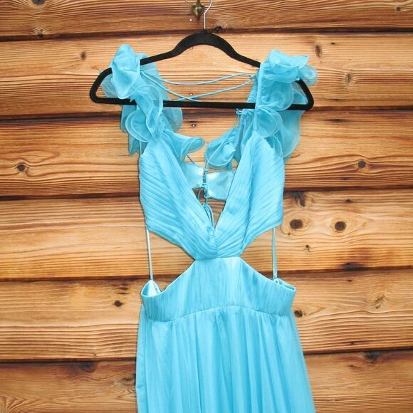 Mac Duggal Ruffled Shoulder Cut Out Lace Up Gown Dress Blue Green Size 10 - Picture 10 of 16